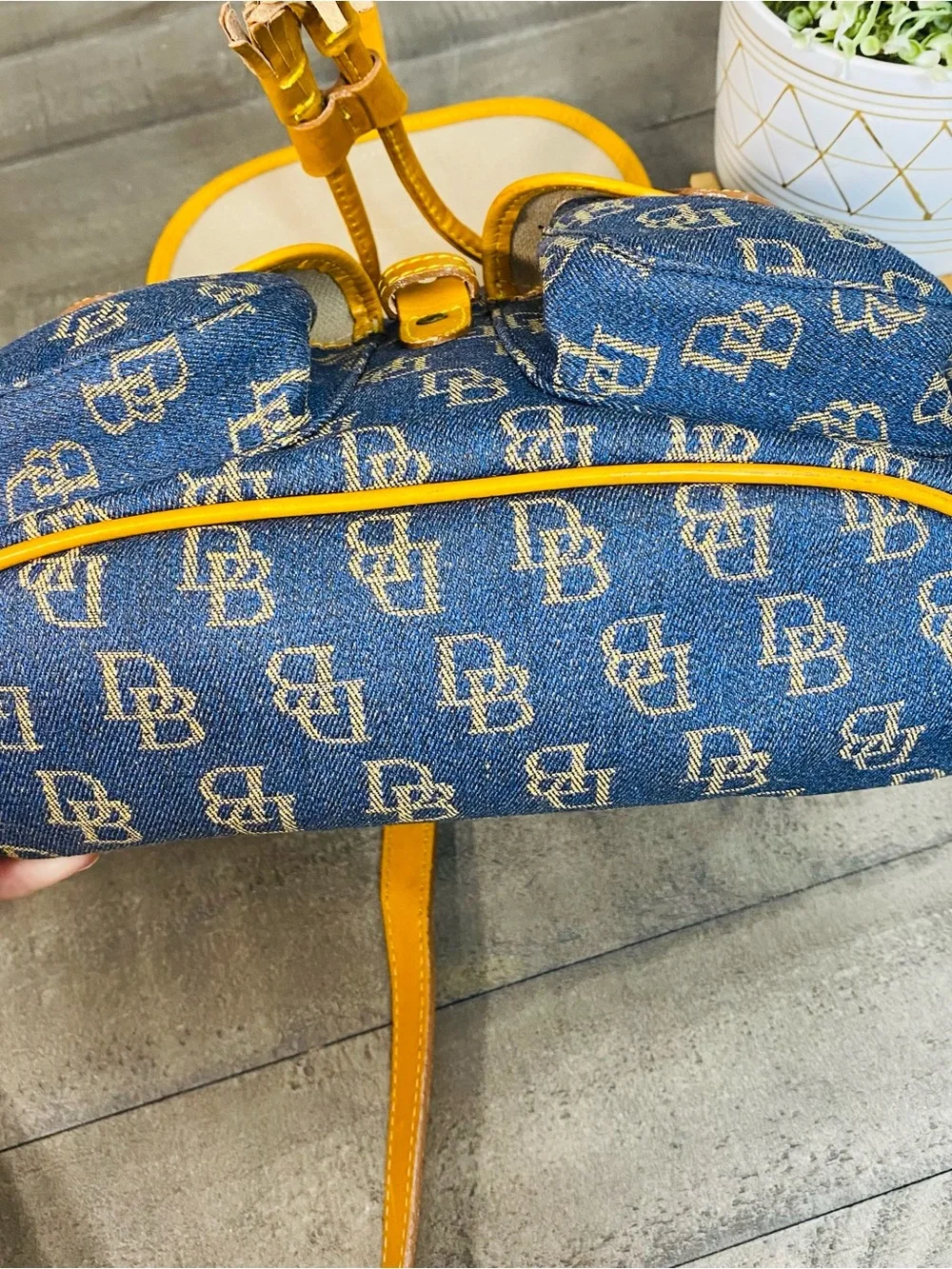 Vintage Dooney & Bourke Denim Monogram Backpack Purse DB Canvas Tan Leather Trim